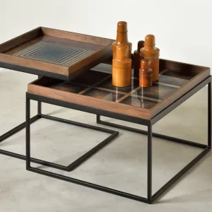 Ethnicraft Tables Basses & D'Appoint>Set De 2 Tables A Plateau Square En Metal Et Bois - L 39 / 52 Cm